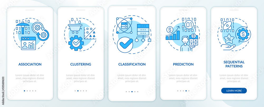 Data mining techniques blue onboarding mobile app screen. Digital info walkthrough 5 steps graphic instructions pages with linear concepts. UI, UX, GUI template. Myriad Pro-Bold, Regular fonts used Data mining techniques blue onboarding mobile app screen. Digital info walkthrough 5 steps graphic instructions pages with linear concepts. UI, UX, GUI template. Myriad Pro-Bold, Regular fonts used