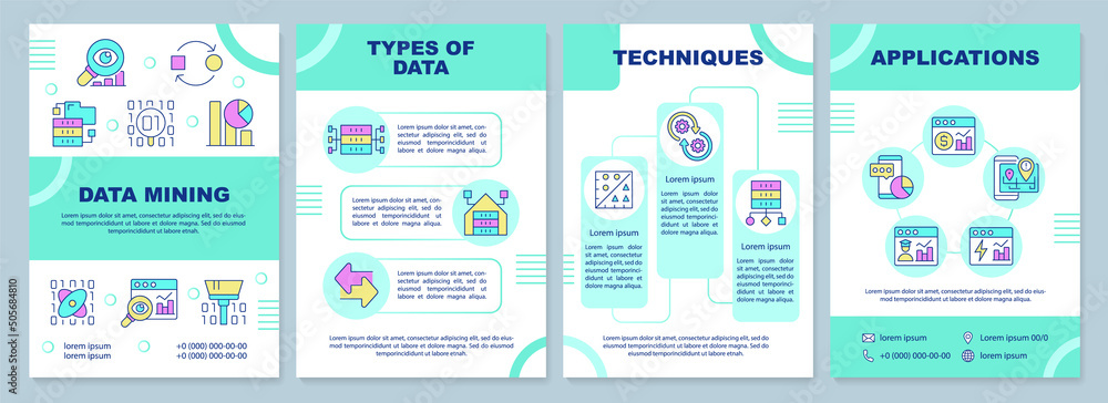 Data mining mint brochure template. Information extraction. Leaflet design with linear icons. 4 vector layouts for presentation, annual reports. Arial-Black, Myriad Pro-Regular fonts used