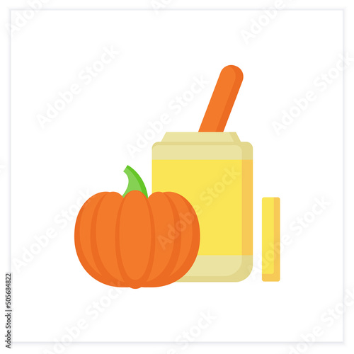 Children nutrition flat icon. Pumpkin-flavored food supplement.Healthy menu. Baby food concept. Color vector illustration