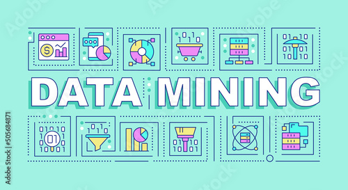 Data mining word concepts mint banner. Data extraction techniques. Infographics with icons on color background. Isolated typography. Vector illustration with text. Arial-Black font used
