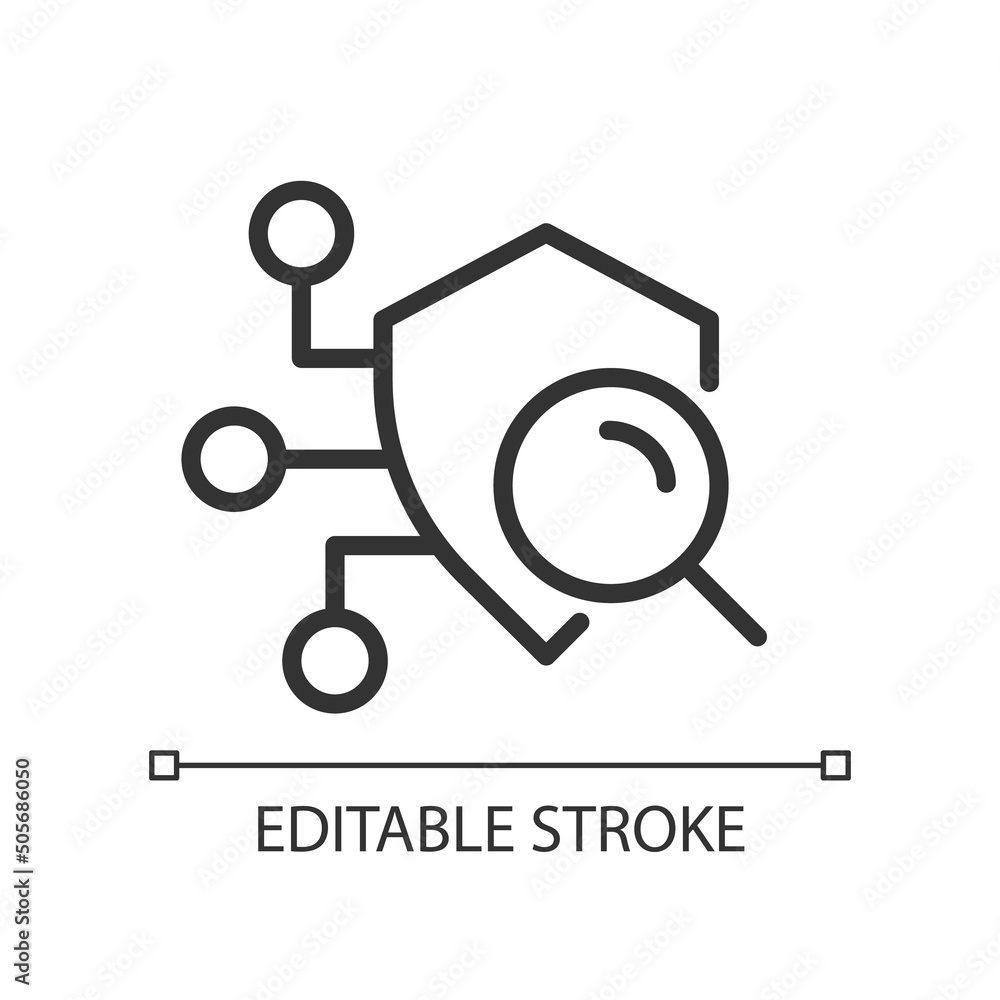 Security scan pixel perfect linear icon. Detecting system weaknesses. Search vulnerabilities, defects. Thin line illustration. Contour symbol. Vector outline drawing. Editable stroke. Arial font used Security scan pixel perfect linear icon. Detecting system weaknesses. Search vulnerabilities, defects. Thin line illustration. Contour symbol. Vector outline drawing. Editable stroke. Arial font used