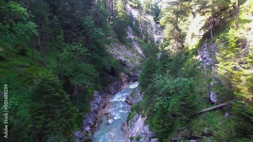 Aerial shot of beautiful Gleirschklamm' Gorge, unspoiled waterfalls of Isar source photo