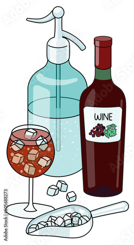 Tableau sur toile Stylish hand-drawn doodle cartoon style German Weinschorle red wine spritzer cocktail composition