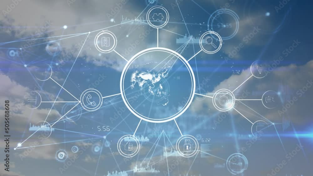 Animation of network of connections and icons over sky with clouds Animation of network of connections and icons over sky with clouds