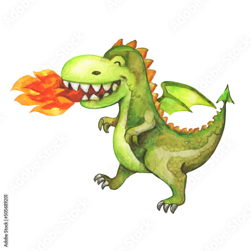 Cartoon watercolour dragon  fire breathing dragon.