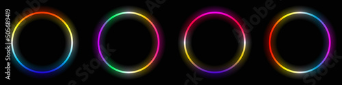 Set glowing circle shape bright multicolor gradient frame design element dark background vector illustration.