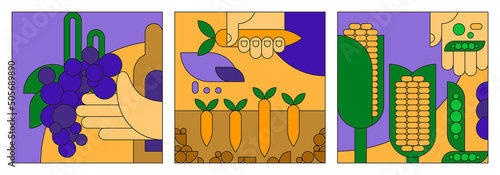 Vector flat illustration on the theme of agriculture, vegetable and viticulture. Stylized symbol of corn, green peas, carrots and grapes, icon for farming. Hand holding harvest, healthy food