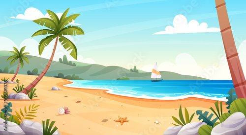 Fototapeta Naklejka Na Ścianę i Meble -  Tropical beach landscape with sailboat and palm trees on the seashore. Summer vacation background cartoon concept