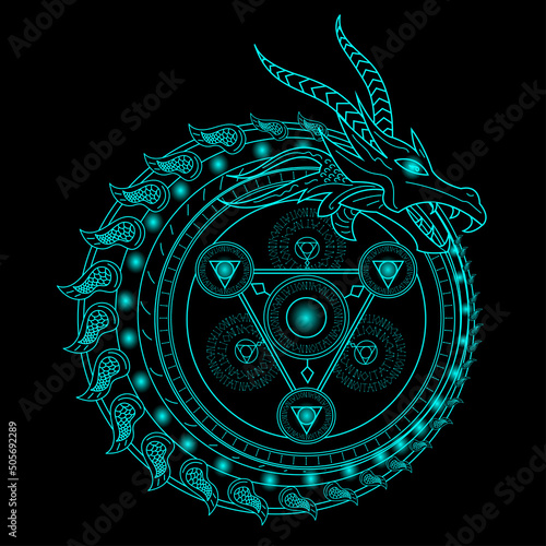 Dragon's magic incantation circle, Magic Spell Ring Sparkle, Superpower. horoscope circle on dark background.
