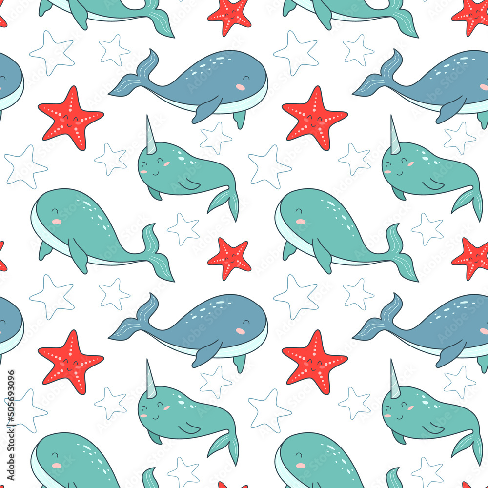 Vector seamless pattern on the nautical theme in children's style. Whale, sea turtle, starfish and sperm whale. Wallpaper with sea animals. Vector illustration for printing on fabric Vector seamless pattern on the nautical theme in children's style. Whale, sea turtle, starfish and sperm whale. Wallpaper with sea animals. Vector illustration for printing on fabric