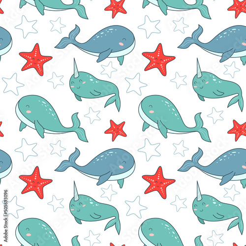 Vector seamless pattern on the nautical theme in children s style. Whale  sea turtle  starfish and sperm whale. Wallpaper with sea animals. Vector illustration for printing on fabric