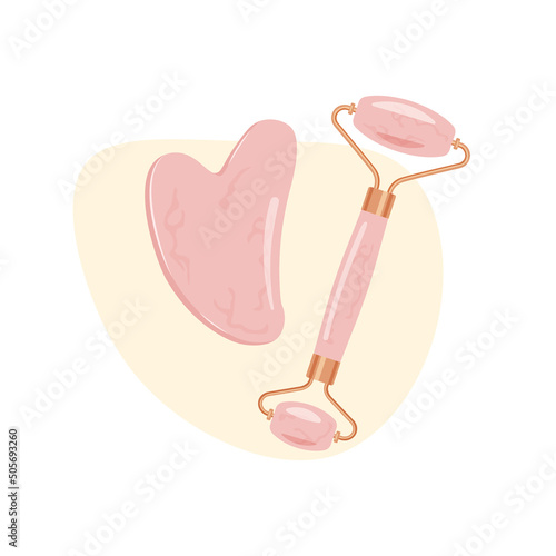 Rose quartz face massage roller and gua sha. Chinese traditional woman facial lifting. Jade facial tool. Vector  illustration isolated on white background.