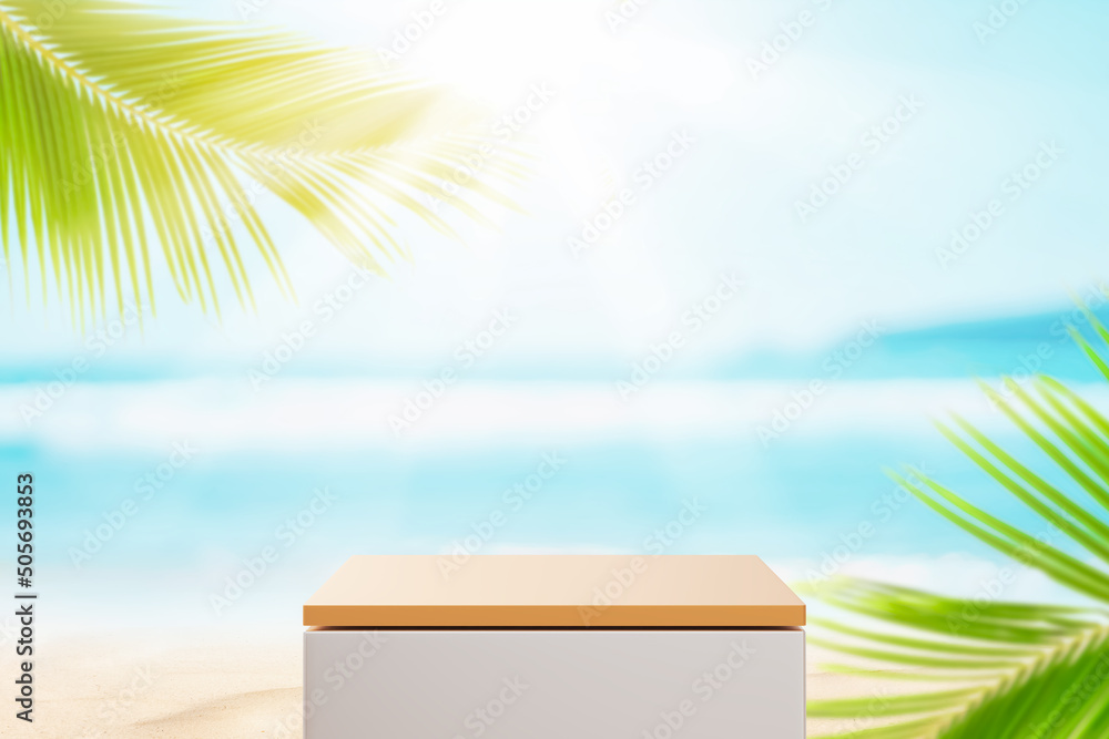 Obraz premium 3d podium on yellow color and tropical beach with blue sky white clouds and palm leaves abstract background. Copy space of product presentation and summer nature concept.