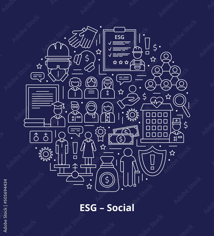 Set icons, ESG social concept. Icons arranged in a circle shape with a heading at the bottom. Vector illustration isolated on a dark background.