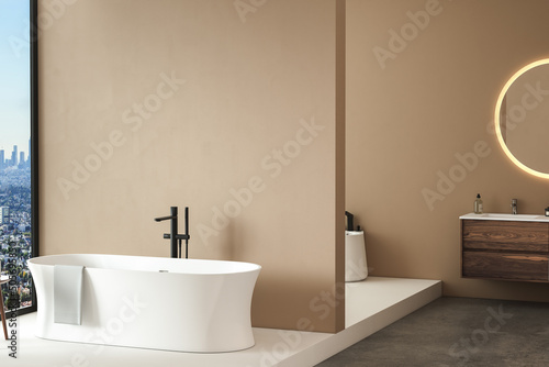 Modern minimalist bathroom interior  modern bathroom cabinet   sink  oval mirror  concrete flooring  accessories  bathtub  beige walls. 3d rendering 