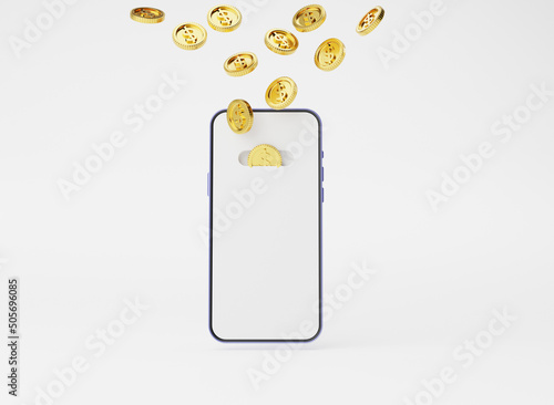 Golden coins flowing to smartphone on white background for money transfer payment and internet application mobile banking technology concept by 3d render illustration.