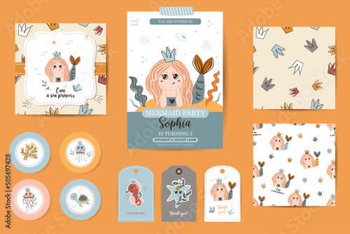 Set of Birthday invitations, thanks cards, tags and seamless patterns with cute mermaids