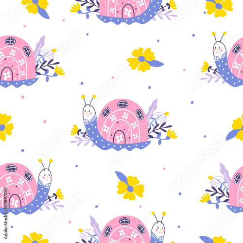 Seamless pattern with snail house on a white background. Childish wallpaper d...