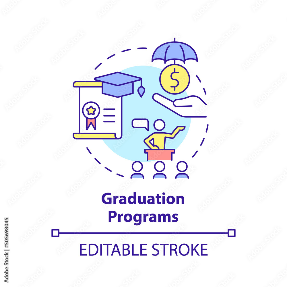 Graduation programs concept icon. Training and coaching. Social assistance abstract idea thin line illustration. Isolated outline drawing. Editable stroke. Arial, Myriad Pro-Bold fonts used