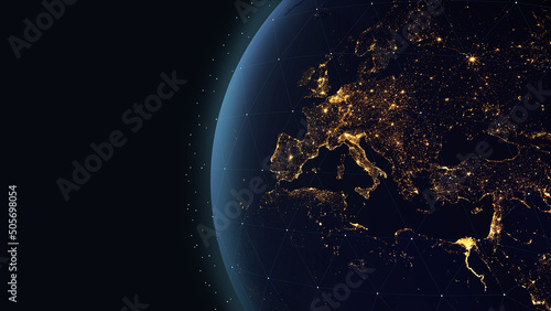 Earth digital systems/3d rendering Earth with the lights of European cities, as well as lines of digital communication systems. Some elements of the image provided by NASA. 3d rendering