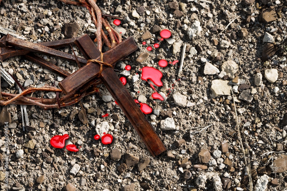 Cross And Passion - Calvary And Crucifixion Of Jesus - Crown Of Thorns On Ground Cross And Passion - Calvary And Crucifixion Of Jesus - Crown Of Thorns On Ground