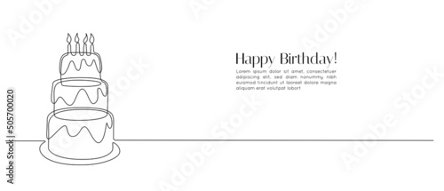 Continuous one line drawing of birthday cake with candles. Sweet celebration torte and pie with sugar cream in simple linear style. Editable stroke. Doodle vector illustration