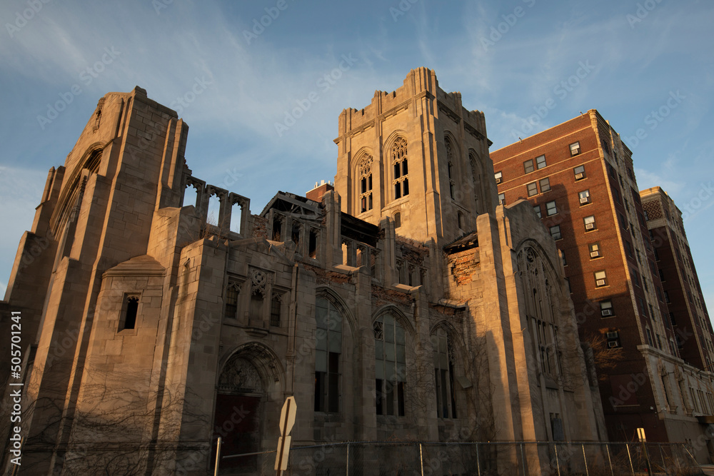 Sunset shines on the historic central core of downtown Gary, Indiana, USA.