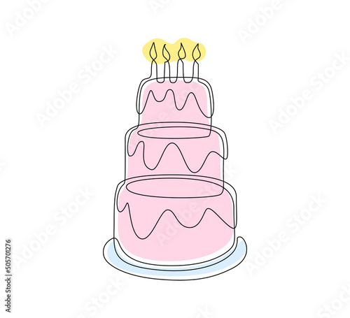 Continuous one line drawing of pink birthday cake with candles. Sweet celebration torte and pie with sugar cream in simple linear style. Editable stroke. Doodle vector illustration