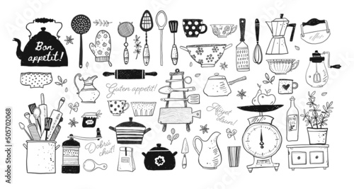 Big set of kitchen doodle sketch utensils hand-drawn with ink on white background. Cups, teapots, pots. bottles. chopping boards ets. Bon appetit in different languages. photo
