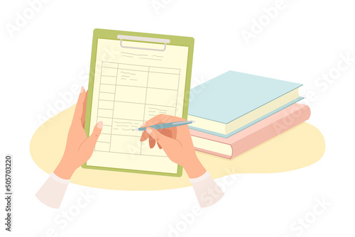 Human Hands Writing Something on Clipboard with Pen and Pile of Books Rested Nearby Vector Illustration