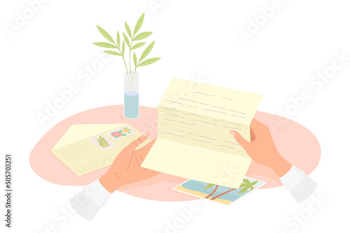 Human Hands Reading Letter with Postcard and Envelope Rested Nearby Vector Illustration