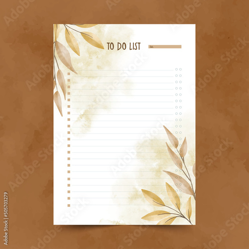 Set of to do list template with hand drawn  watercolor leaf illustration background