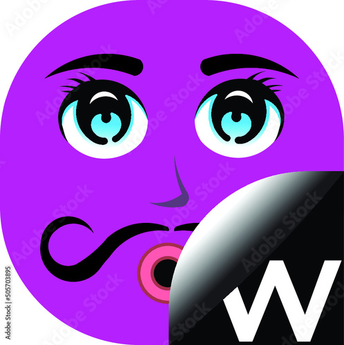 
A character of pink avatar with a letter W, and black twirl moustache. Alphabetical cartoon face with a letter W