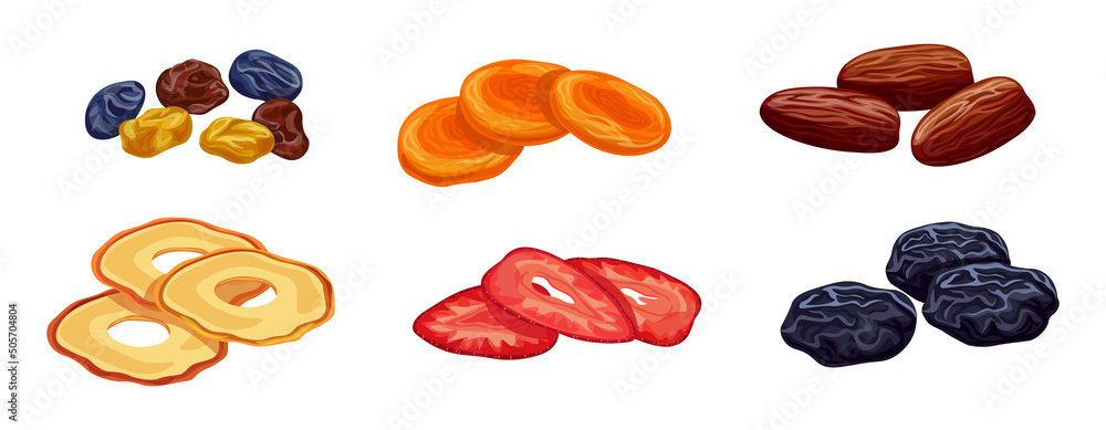Set of fresh different dried fruits in cartoon style. Vector illustration  of dried peach, raisin, date, strawberries, pineapple and prunes on white  background. Stock Vector | Adobe Stock