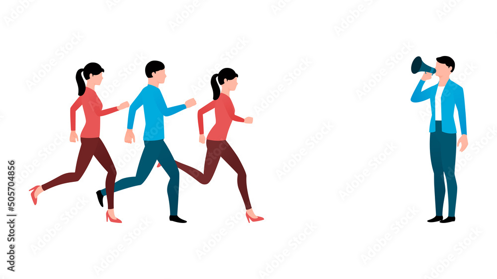 A team leader communicating with the team, leader directing team, business character vector illustration on white background. A team leader communicating with the team, leader directing team, business character vector illustration on white background.