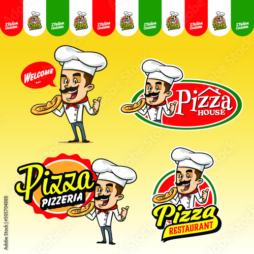 Set of pizza logo with chef cartoon illustration