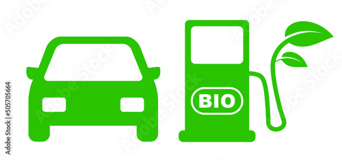 Biofeul pump or biodiesel. Car flling station, Biofuel is fuel made from biomass. Bio fuels are available in solid, liquid or gaseous form. Vector refill symbol or pictogram. Car fill location. 