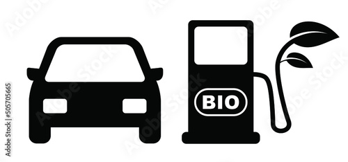 Biofeul pump or biodiesel. Car flling station, Biofuel is fuel made from biomass. Bio fuels are available in solid, liquid or gaseous form. Vector refill symbol or pictogram. Car fill location. 