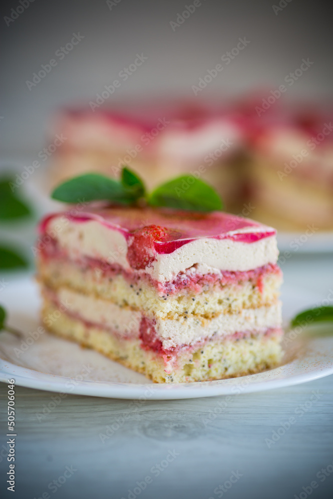 strawberry poppy cake with cream in a plate strawberry poppy cake with cream in a plate