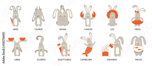 Set of cute funny zodiac rabbits. Twelve zodiac signs. Aries taurus gemini cancer leo virgo libra scorpio sagittarius capricorn aquarius pisces. Hare or rabbit astrological symbols