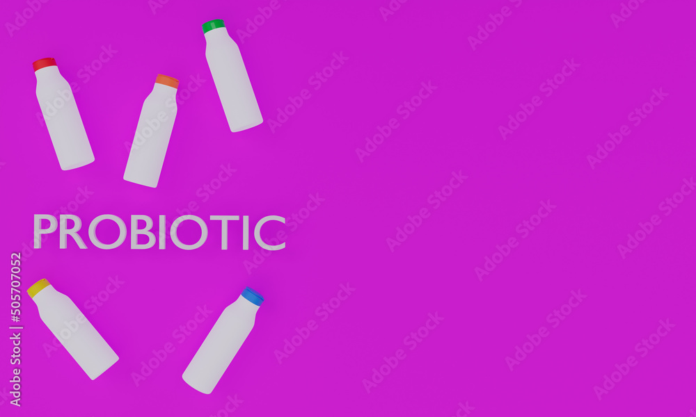 3d illustration , probiotic drink bottles , fuchsia background , copy space , 3d rendering 3d illustration , probiotic drink bottles , fuchsia background , copy space , 3d rendering
