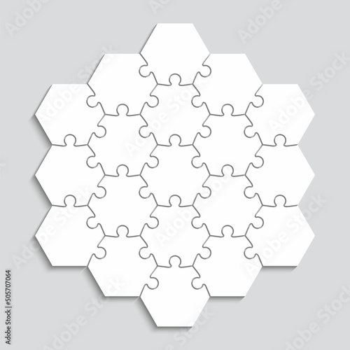 Puzzle pieces. Hexagonal jigsaw grid. Thinking mosaic game with 19 shapes. Simple scheme with separate details. Cutting template. Business presentation for infographics. Vector illustration.