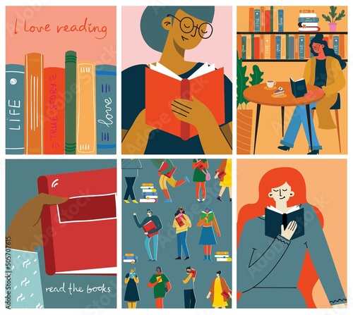 The concept of reading day. People hold a book in their hands. Human character on the background. Flat design style vector cards.