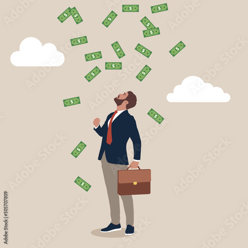 Suit man stand and look up see money fall down.