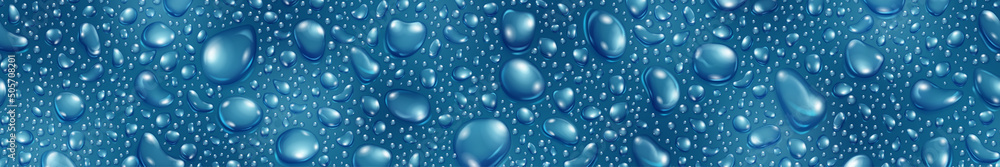 Banner of big and small realistic water drops in blue colors, with seamless horizontal repetition Banner of big and small realistic water drops in blue colors, with seamless horizontal repetition