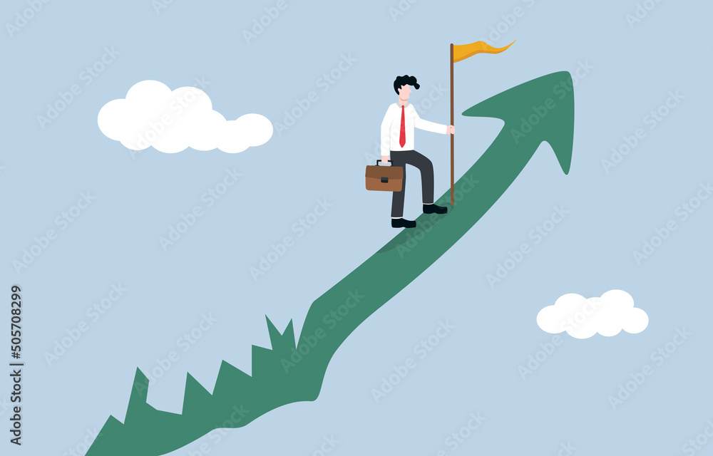 Overcoming many business obstacles until reaching success, entrepreneurship concept. Experienced businessman holding victory flag on smooth rising graph after passing through jagged interval. 