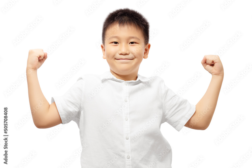 Healthy kid smiling with strong arms wearing white shirt Healthy kid smiling with strong arms wearing white shirt