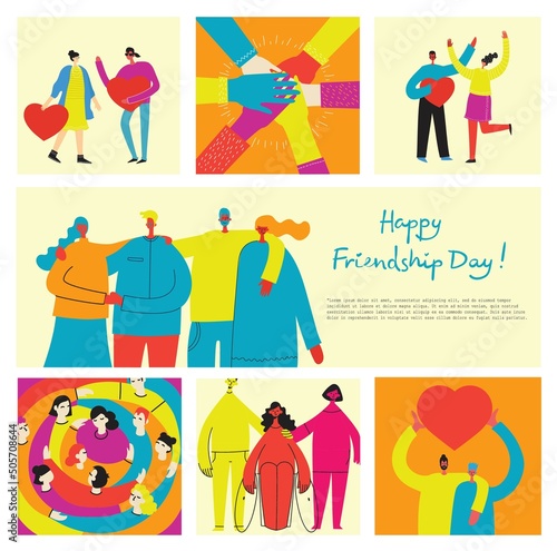 Background with happy diverse hugging people. Concept of friendship day, unity. Celebration or congratulation of multiracial friends.