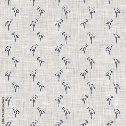 French blue botanical leaf linen seamless pattern with 2 tone country cottage style motif. Simple vintage rustic fabric textile effect. Primitive modern shabby chic kitchen cloth design.