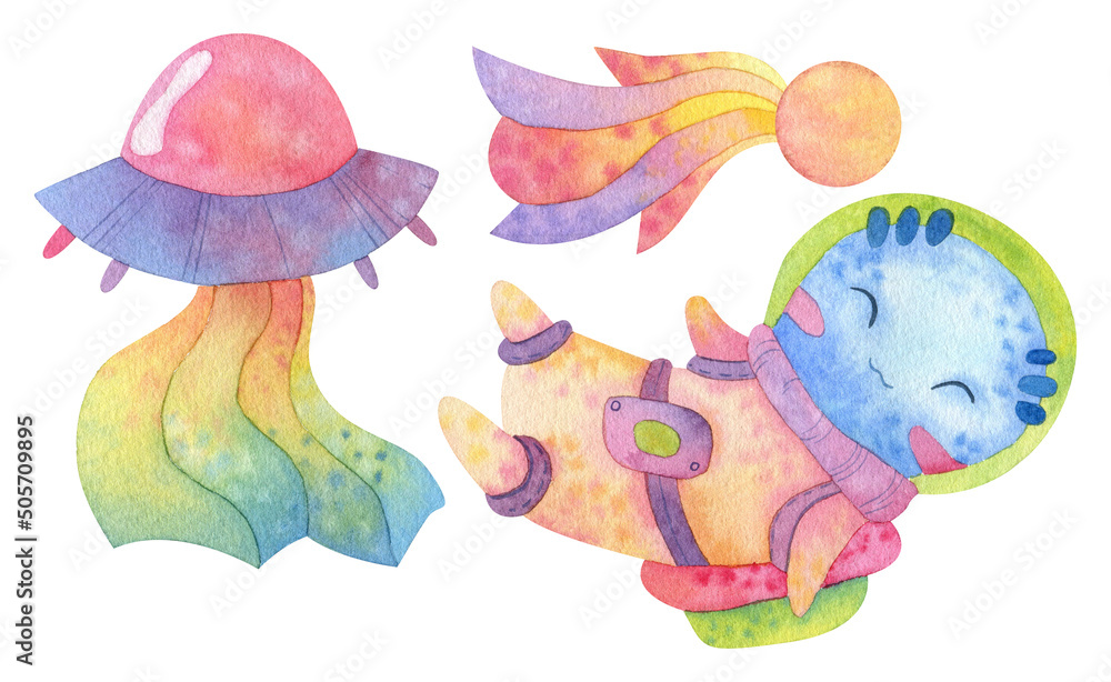 Watercolor illustration. Space. Alien; rocket; comet Watercolor illustration. Space. Alien; rocket; comet